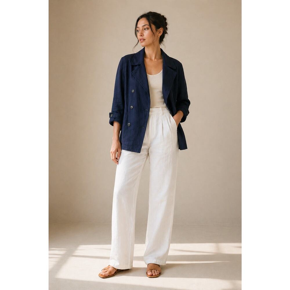 Vintage DKNY Linen Blazer Coat Size 6 Petite Navy Double Breasted Minimalist 90s